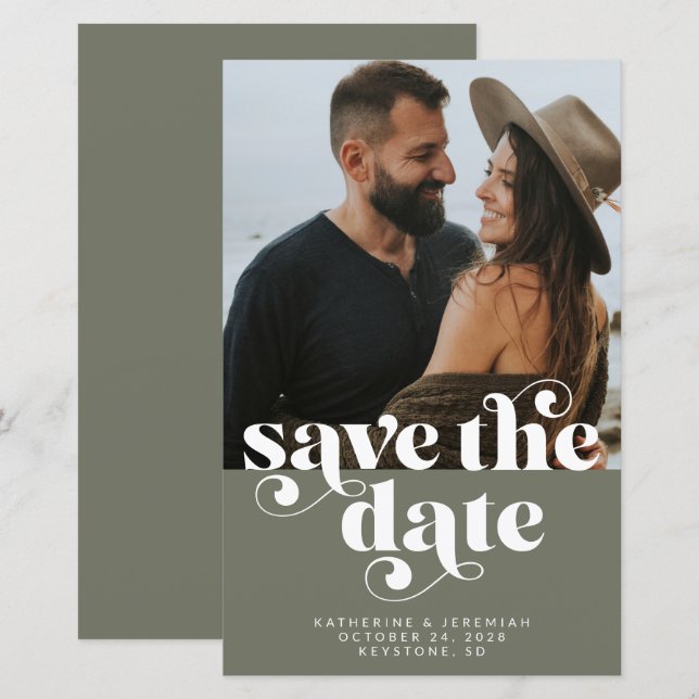 Lámina PRESUPUESTO Foto verde oliva moderna Save the Date (Anverso / Reverso)