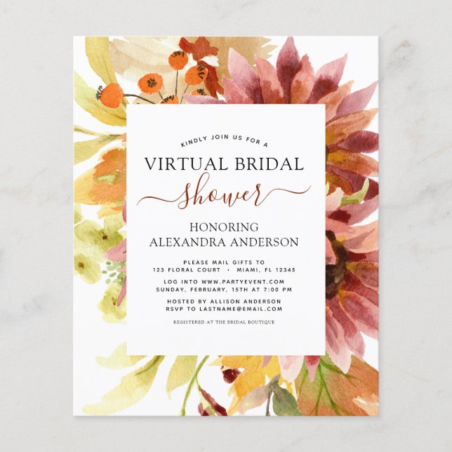 Lámina Presupuesto Girasol Virtual Bridal Shower Borgoña (Anverso)