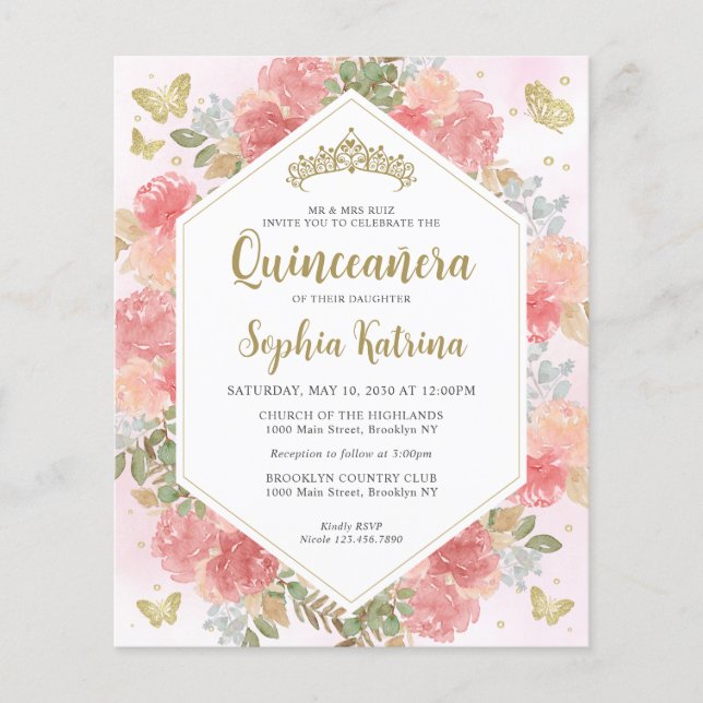 Lámina Presupuesto Giro Rubor Pink Floral Gold Quinceañer (Anverso)