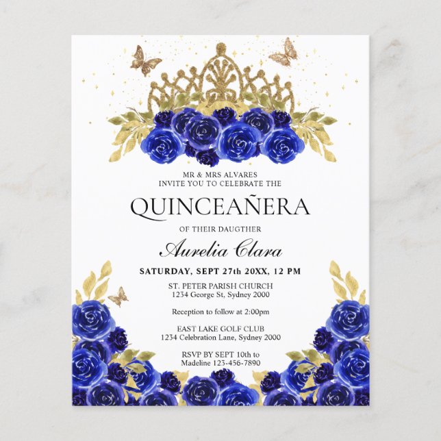 Lámina Presupuesto Glam Blue Floral Gold Tiara Quinceaner (Anverso)