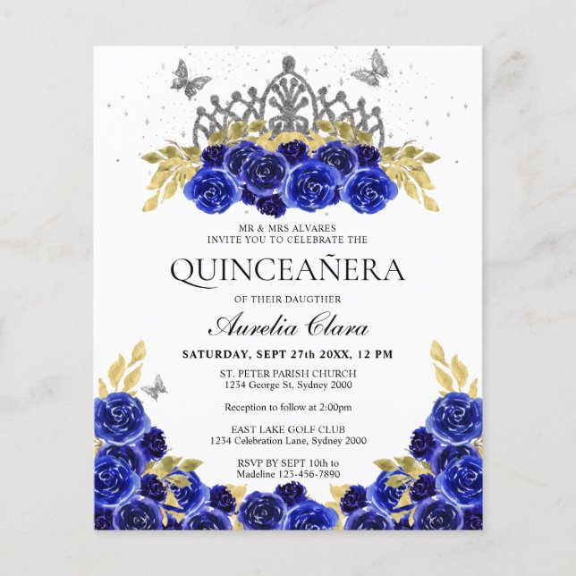 Lámina Presupuesto Glam Blue Floral Silver Tiara Quincean (Anverso)