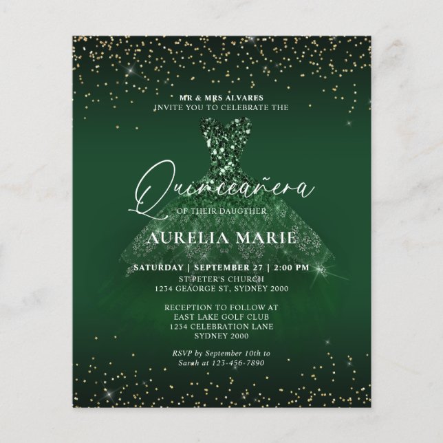 Lámina PRESUPUESTO Glam Gold Green Princess Vestido Quinc (Anverso)