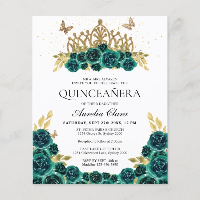 Lámina PRESUPUESTO Glam Green Floral Gold Tiara Quinceane (Anverso)