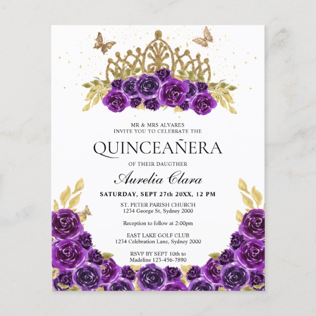 Lámina PRESUPUESTO Glam Purple Floral Gold Tiara Quincean (Anverso)
