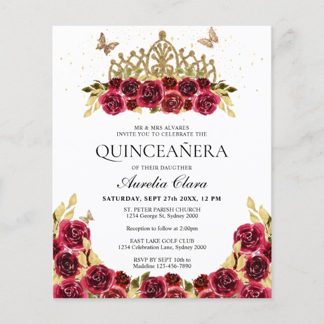 Lámina PRESUPUESTO Glam Red Floral Gold Tiara Quinceanera (Anverso)