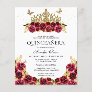 Lámina PRESUPUESTO Glam Red Floral Gold Tiara Quinceanera