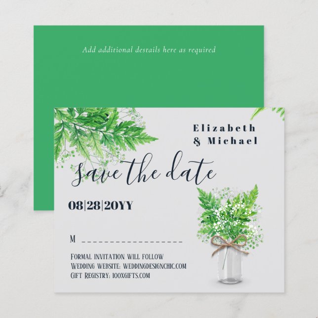 Lámina PRESUPUESTO Helechos Verdes Bodas Guardar las Fech (Anverso / Reverso)