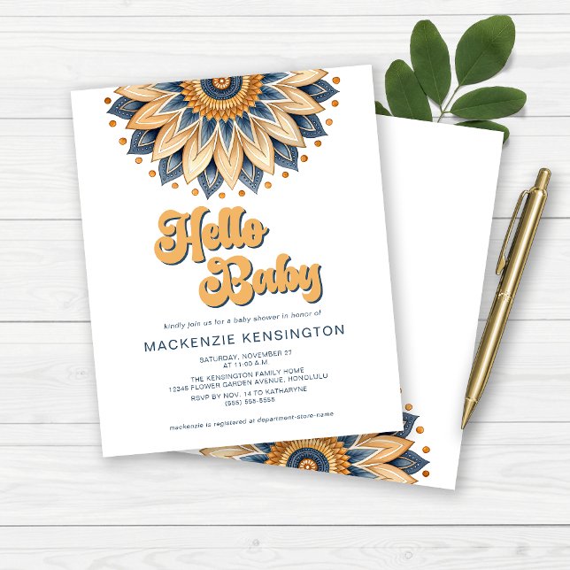 Lámina PRESUPUESTO Hola Bebé Azul Oro Retro Baby Shower (BUDGET Hello Baby Blue and Gold Retro Boho Baby Shower Invitation)