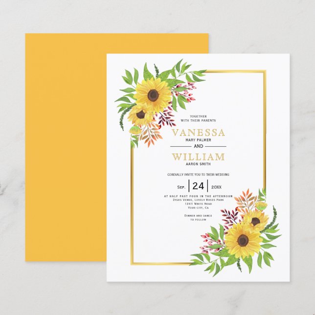 Lámina PRESUPUESTO Invitación a la boda de girasoles acua (Anverso / Reverso)
