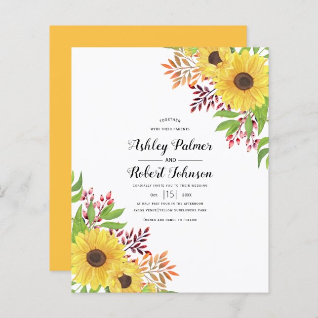 Lámina PRESUPUESTO Invitación a la boda de girasoles amar (Anverso / Reverso)