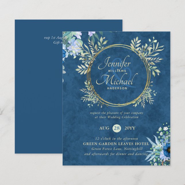 Lámina PRESUPUESTO Invitación de Boda Floral Dorada Azul  (Anverso / Reverso)