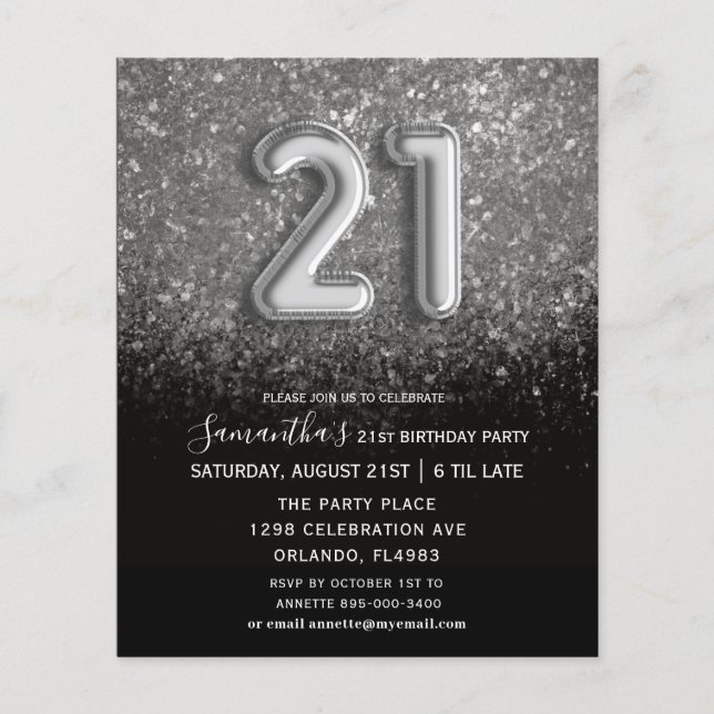 Lámina Presupuesto Invitación de cumpleaños 21 a negro y  (Anverso)