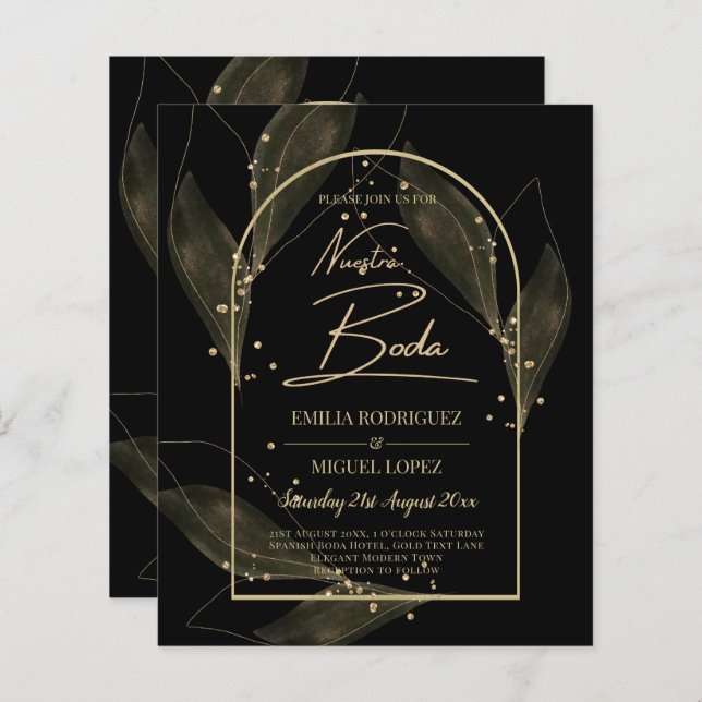 Lámina PRESUPUESTO Jet Black Gold Leaves Wedding INVITE (Anverso / Reverso)