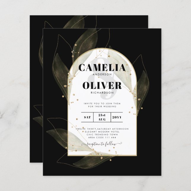 Lámina PRESUPUESTO Jet Black Gold Leaves Wedding INVITE (Anverso / Reverso)