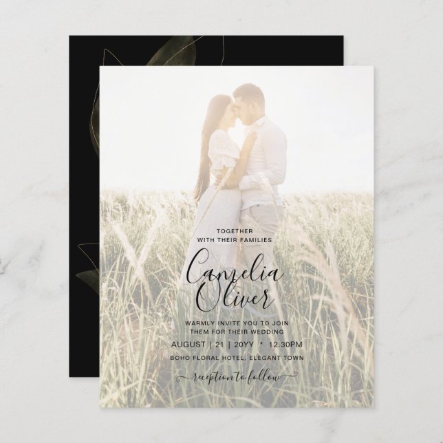 Lámina PRESUPUESTO Jet Black Gold Leaves Wedding INVITE (Anverso / Reverso)