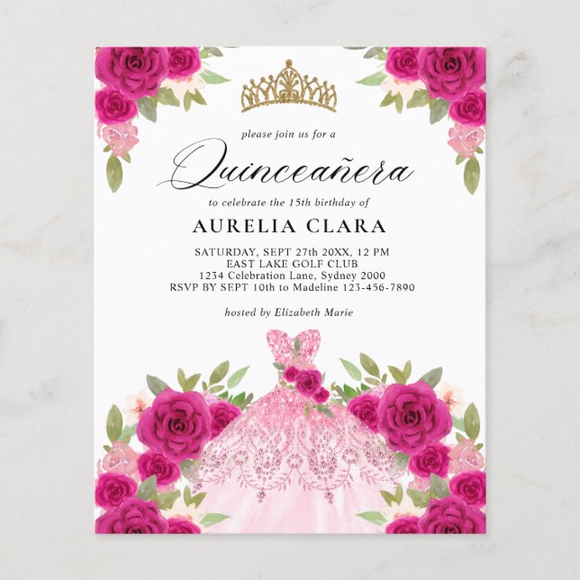Lámina PRESUPUESTO Magenta Vestido Rosa Floral 15ª Quince (Anverso)