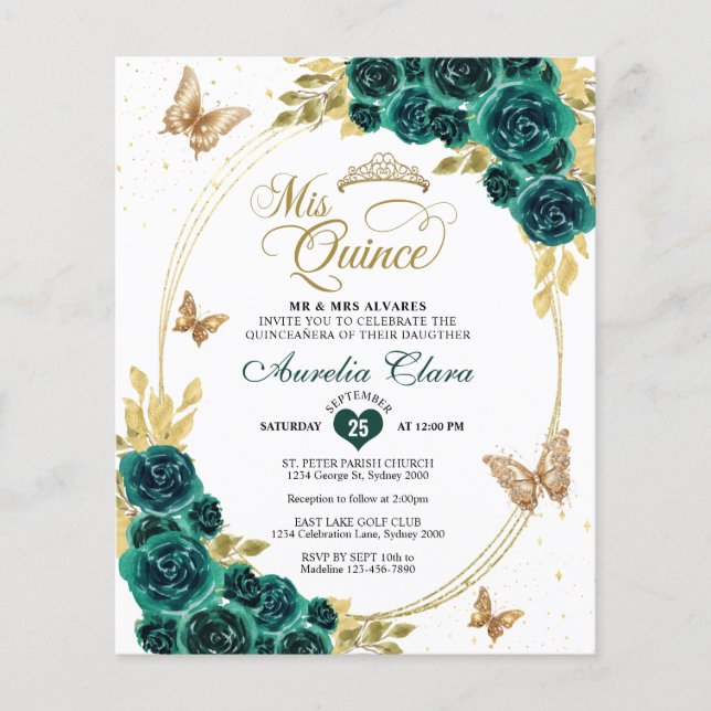 Lámina PRESUPUESTO Mariposa de oro verde floral Quinceane (Anverso)