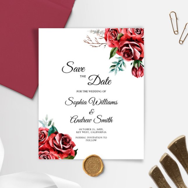 Lámina PRESUPUESTO Marsala Red Rose Rustic Save the Date (Subido por el creador)