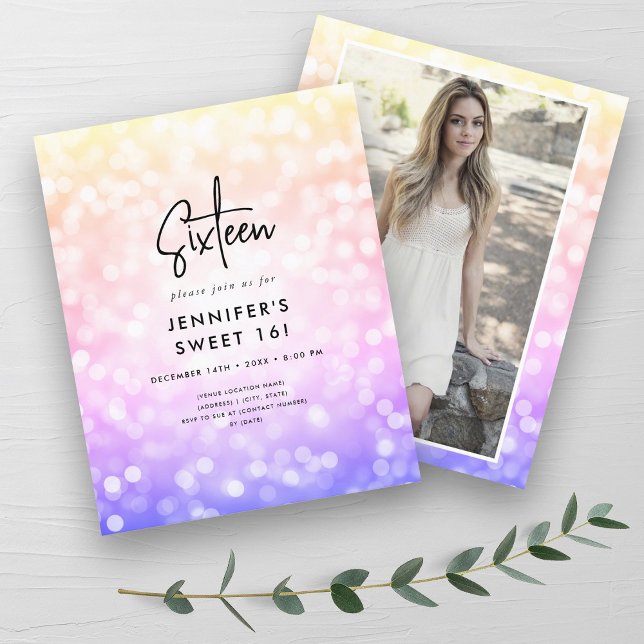 Lámina Presupuesto Mínimo Foto Arcoiris Dulce 16 Invite (Budget Minimal Rainbow Photo Sweet 16 Invite)