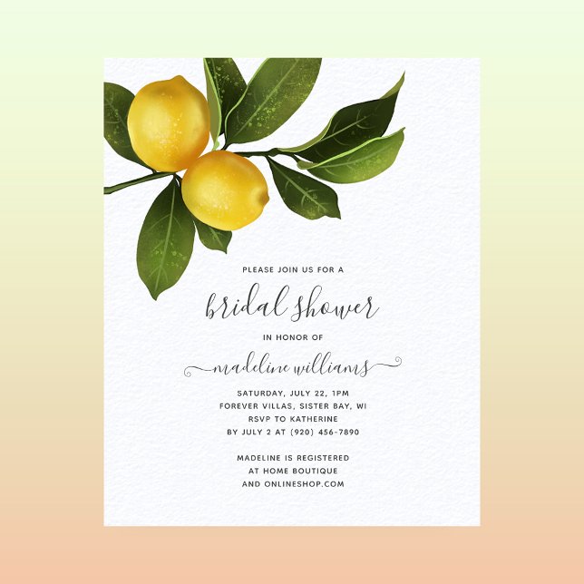 Lámina PRESUPUESTO Moderno Citrus Lemon Bridal Ducha Invi (Subido por el creador)