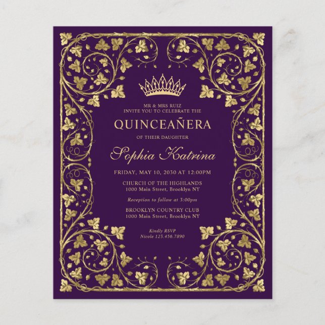Lámina Presupuesto Morado Violeta Floral Oro Tiara Quince (Anverso)