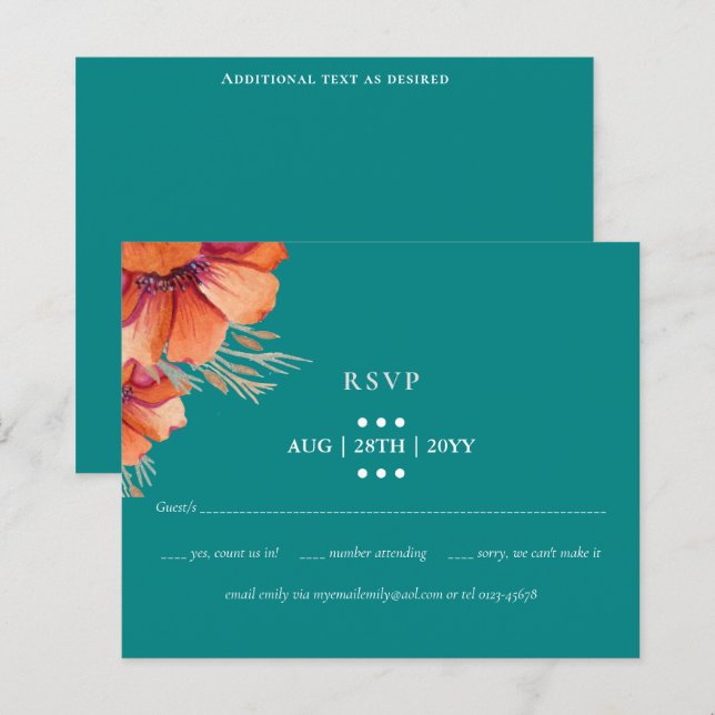 Lámina PRESUPUESTO Naranja Verde azulado Boda Floral RSVP (Anverso / Reverso)