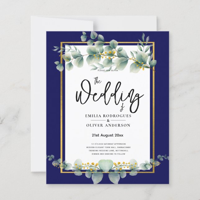 Lámina PRESUPUESTO NAVY GOLD Eucalyptus Wedding Invitar C (Anverso)