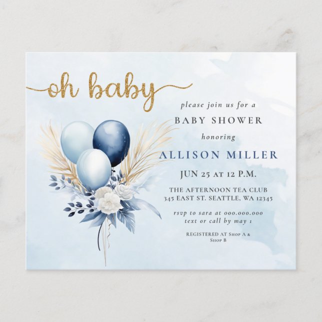Lámina Presupuesto Oh Baby Blue Gold Boho Baby Shower (Anverso)