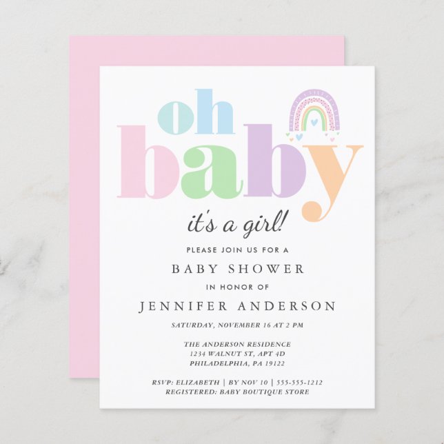 Lámina Presupuesto Oh bebé Rainbow Baby Shower Invitación (Anverso / Reverso)