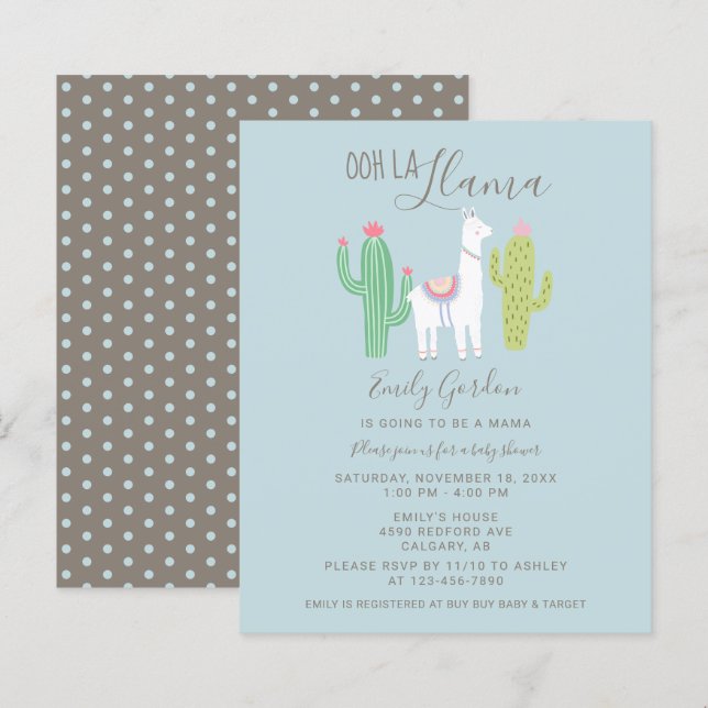 Lámina Presupuesto Ooh La Llama Baby Shower lindo azul y  (Anverso / Reverso)