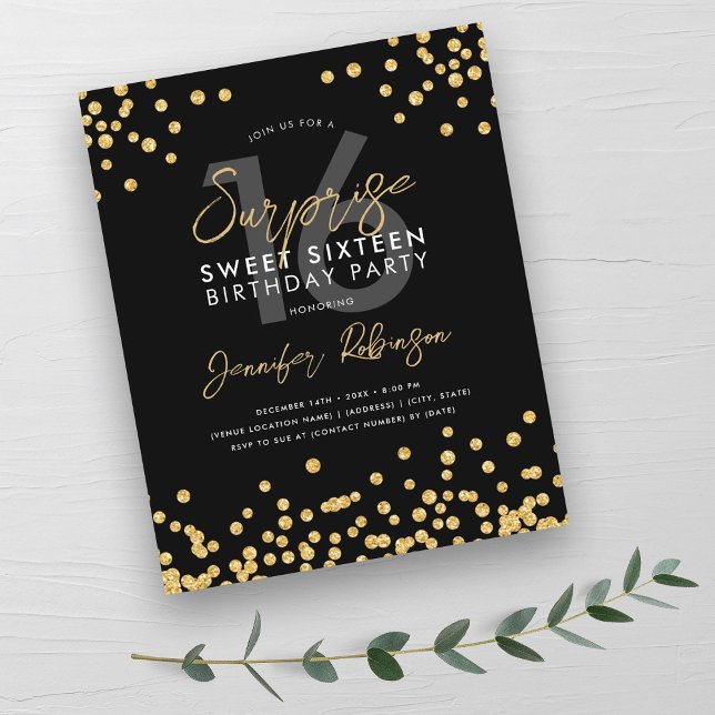 Lámina Presupuesto Oro Negro Confetti Sorpresa Dulce 16 (Budget Gold Black Confetti Surprise Sweet 16 )