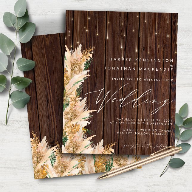Lámina PRESUPUESTO Pampas Madera de hierba Twinkle Luces  (BUDGET Pampas Grass Wood Twinkle Lights Wedding Invitation)