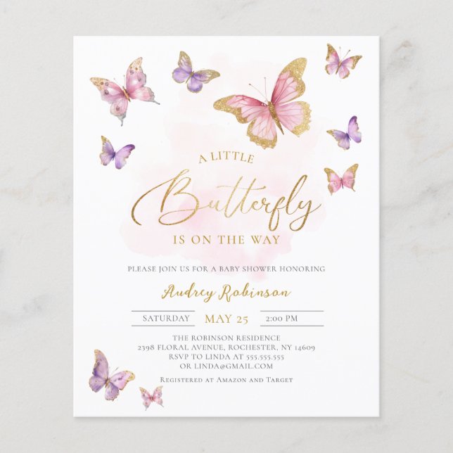 Lámina Presupuesto Pink Purple Gold Butfly Baby Shower (Anverso)