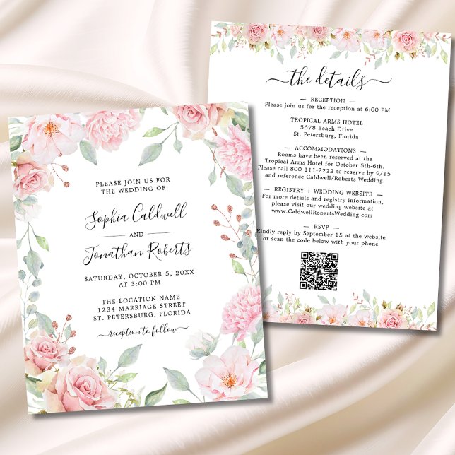 Lámina Presupuesto QR Código Detalles Invitación a matrim (Budget All in One Elegant Pink Roses and Sage Greenery Wedding Invitation)