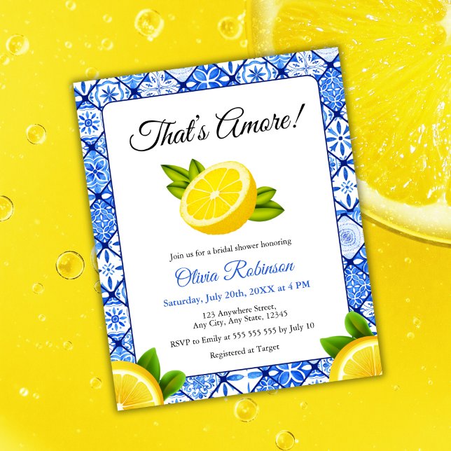 Lámina Presupuesto que es más invitación a ducharse con l (Budget That's Amore | Mediterranean Blue Tile Lemon Bridal Shower Invitation )