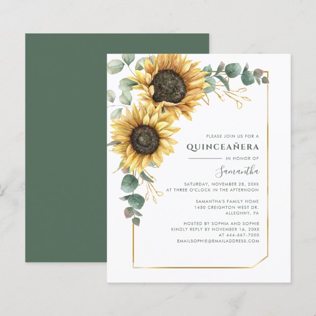 Lámina Presupuesto Quinceanera 15º cumpleaños Invitación  (Anverso / Reverso)