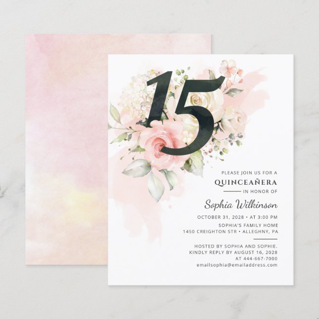 Lámina Presupuesto Quinceanera 15º cumpleaños Invitación  (Anverso / Reverso)