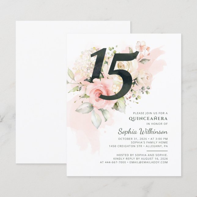 Lámina Presupuesto Quinceanera 15º cumpleaños Invitación  (Anverso / Reverso)