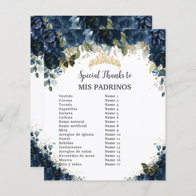 Lámina Presupuesto Quinceañera 15 Padrinos Florales de Ma (Anverso / Reverso)