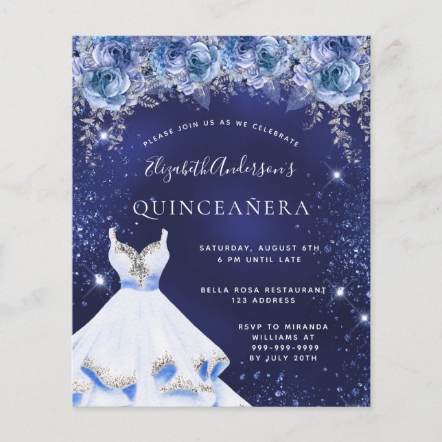 Lámina Presupuesto Quinceanera azul purpurina vestido flo (Anverso)