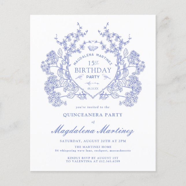Lámina PRESUPUESTO Quinceanera Birthday Blue Floral Escud (Anverso)