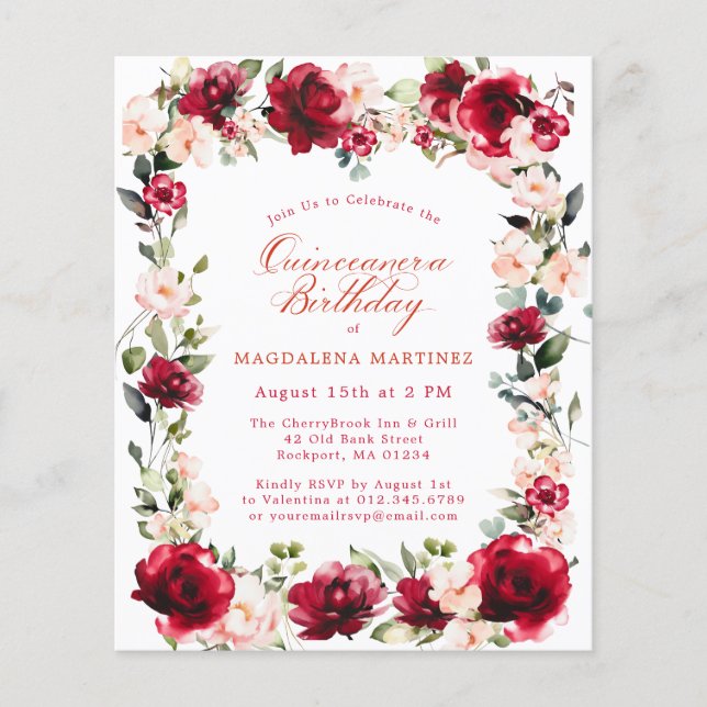 Lámina PRESUPUESTO Quinceanera Cumpleaños Rosa Roja Peony (Anverso)