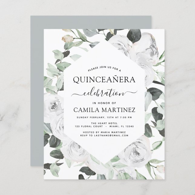 Lámina Presupuesto Quinceañera Eucalyptus Roses blancos f (Anverso / Reverso)