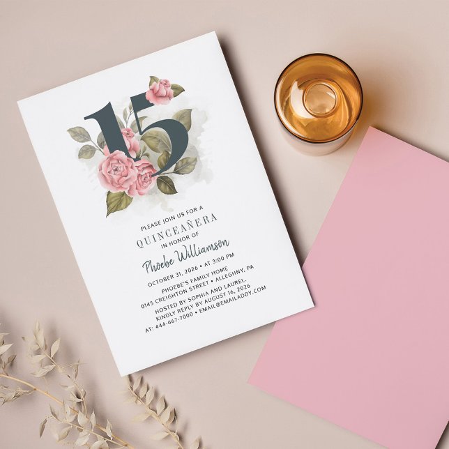 Lámina Presupuesto Quinceanera Floral Rústica 15 cumpleañ (Pink Floral Quinceanera Invitation)