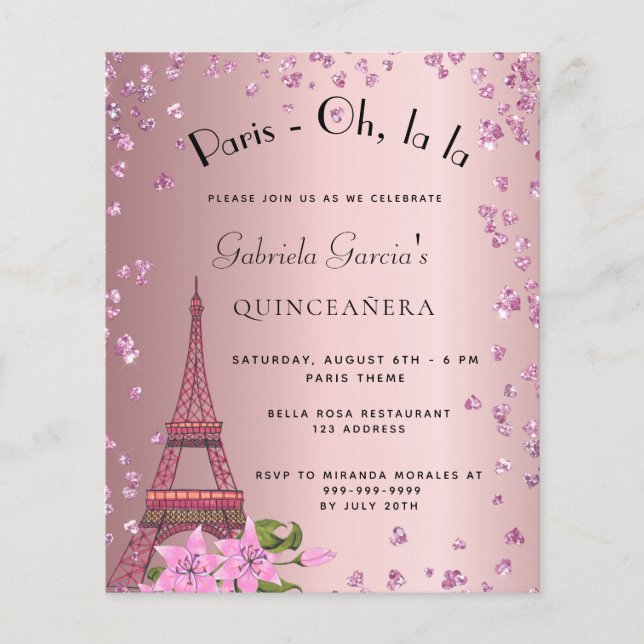 Lámina Presupuesto Quinceanera Invitación rosa de París (Anverso)