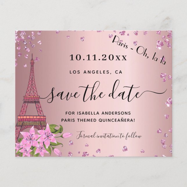Lámina Presupuesto Quinceanera parís rosa rubor guardar f (Anverso)