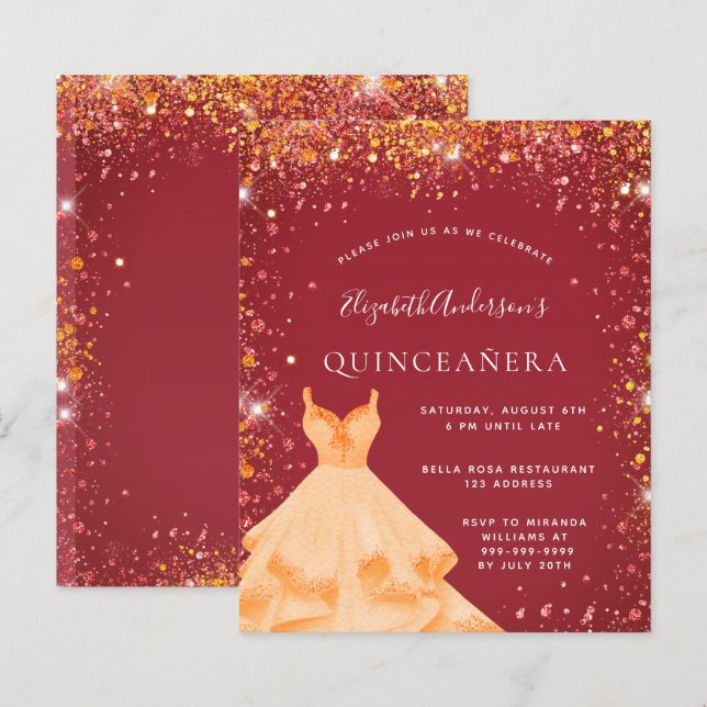 Lámina Presupuesto Quinceanera rojo vestido de oro polvo  (Anverso / Reverso)