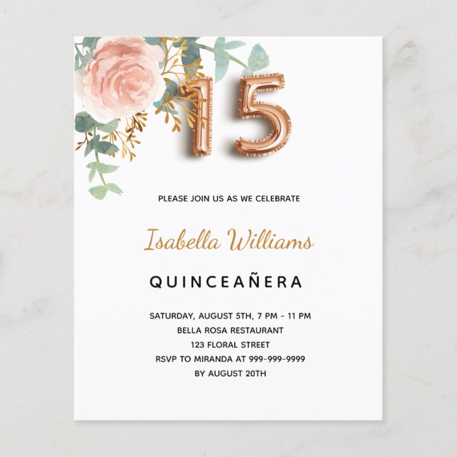 Lámina Presupuesto Quinceanera rosa floral oro eucalipto (Anverso)