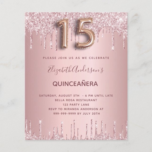 Lámina PRESUPUESTO Quinceanera rosa polvoriento purpurina (Anverso)