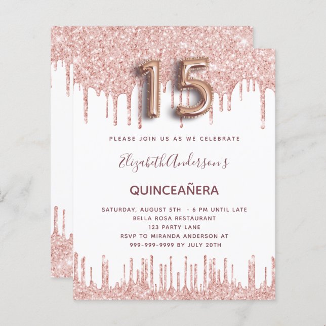 Lámina Presupuesto Quinceanera rosa purpurina oro gotea r (Anverso / Reverso)